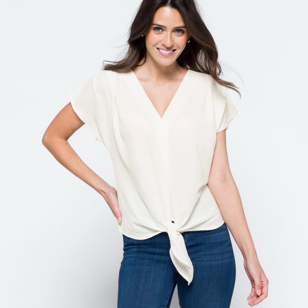 Elegant Cream V-Neck Tie-Front Blouse
